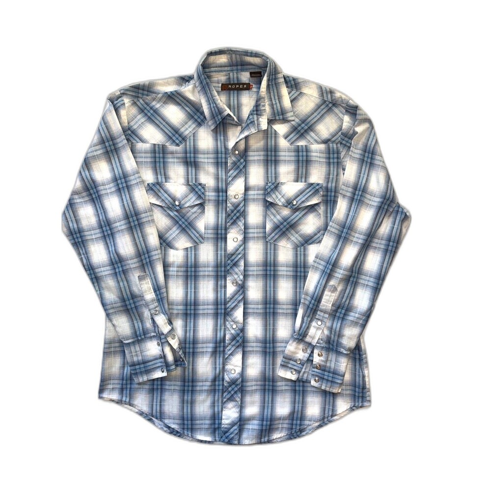 Roper Western Shirt Mens L Blue Plaid Pearl Snap Long Sleeve Cowboy Rodeo Cotton